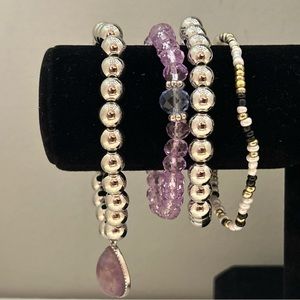 Silver Gleam & Amethyst Charm Trio - Beaded Stretch Bracelets with Gem Drops